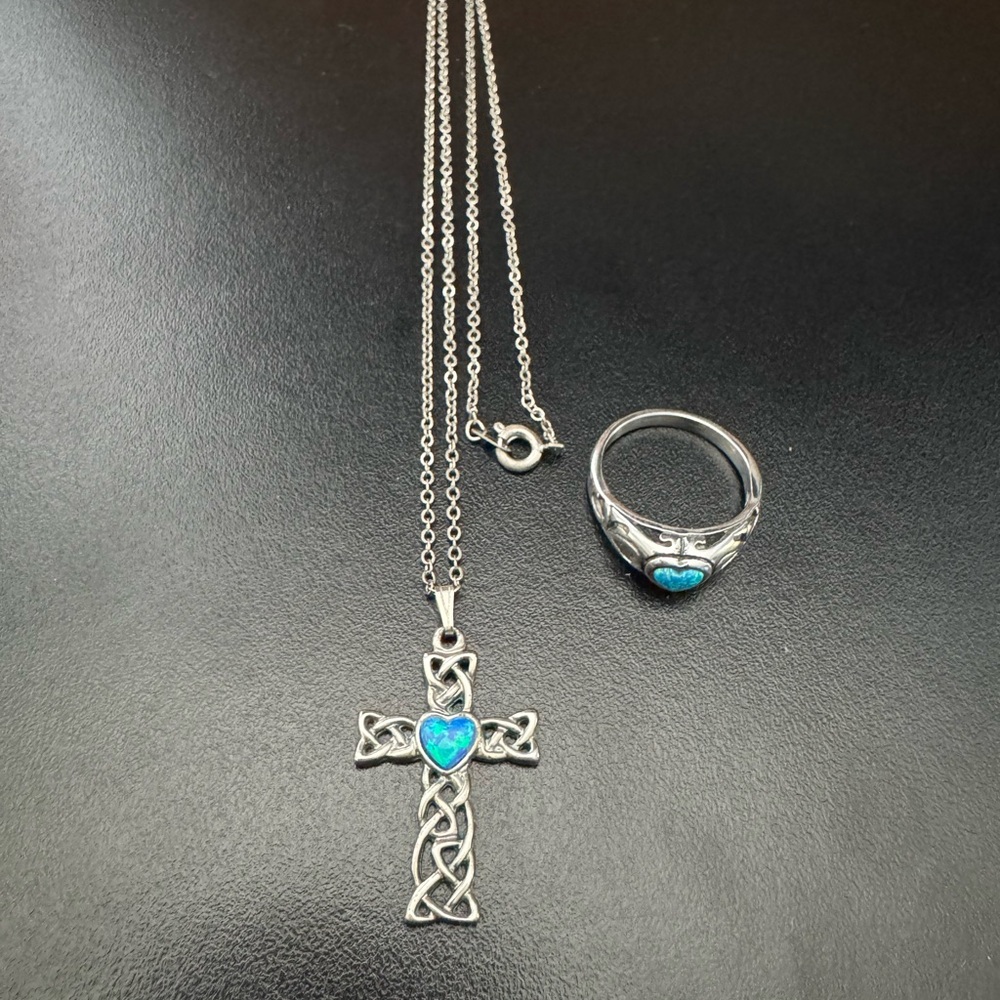 Silver Celtic Cross Necklace and Ring Set with Blue Heart